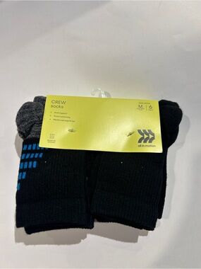 All in Motion kids Crew Socks 6-Pack Black Gray and Blue Accent zone cishioning